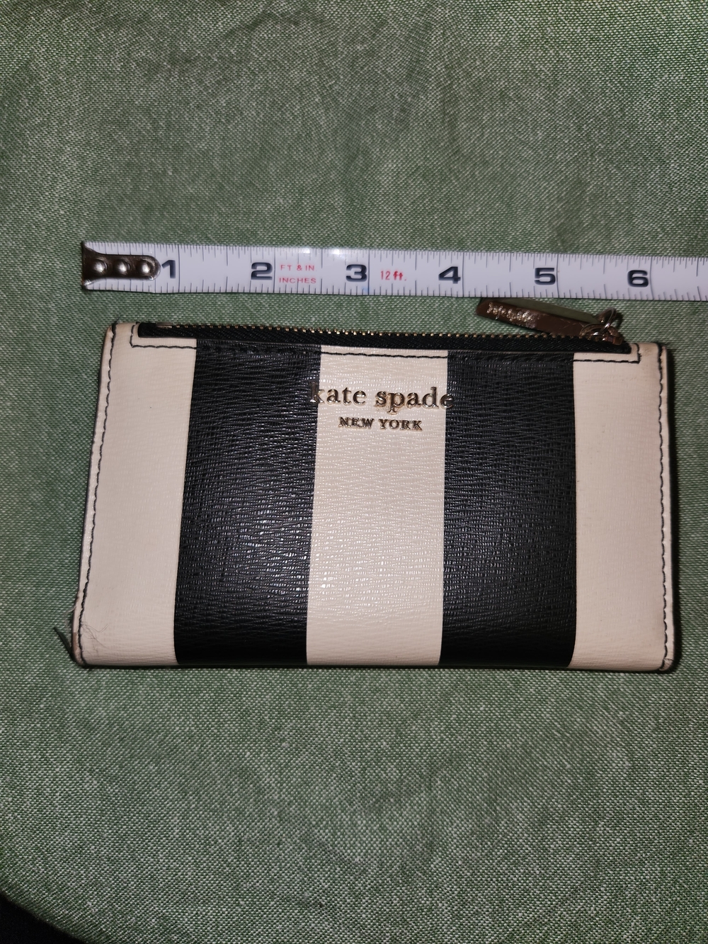 kate spade Black and Cream Striped Zip Card Wallet